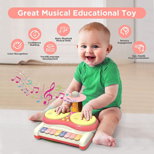 ست جاز و درام 3 در 1 کودک 2 طبلی صورتی Piano Keyboard Drum Set 3 in 1 Baby Musical Toys_اسباب بازی